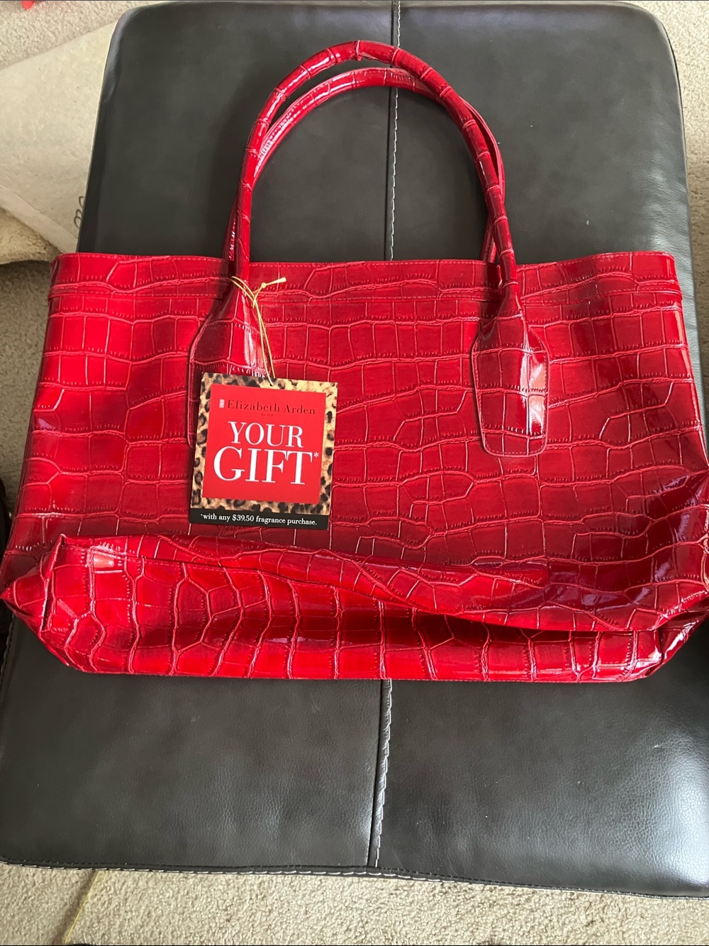 Elizabeth Arden Large Red Faux Croc Tote Bag Leopard Lining 22x14  NWT